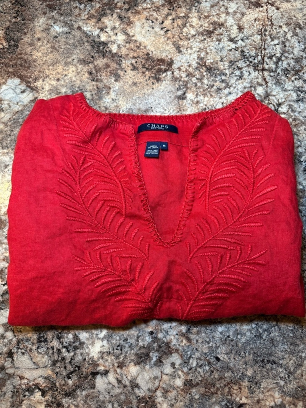 Chaps 100% Linen Three-Quarter Sleeves Red Embroidered V-Neck Top